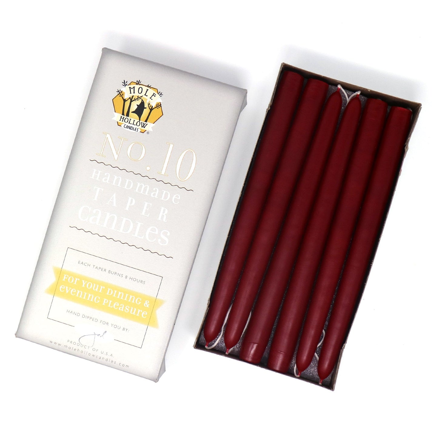Mole Hollow Candles, 10" Unscented Taper Candle, Set of 12 - Choose from 40 Colors!