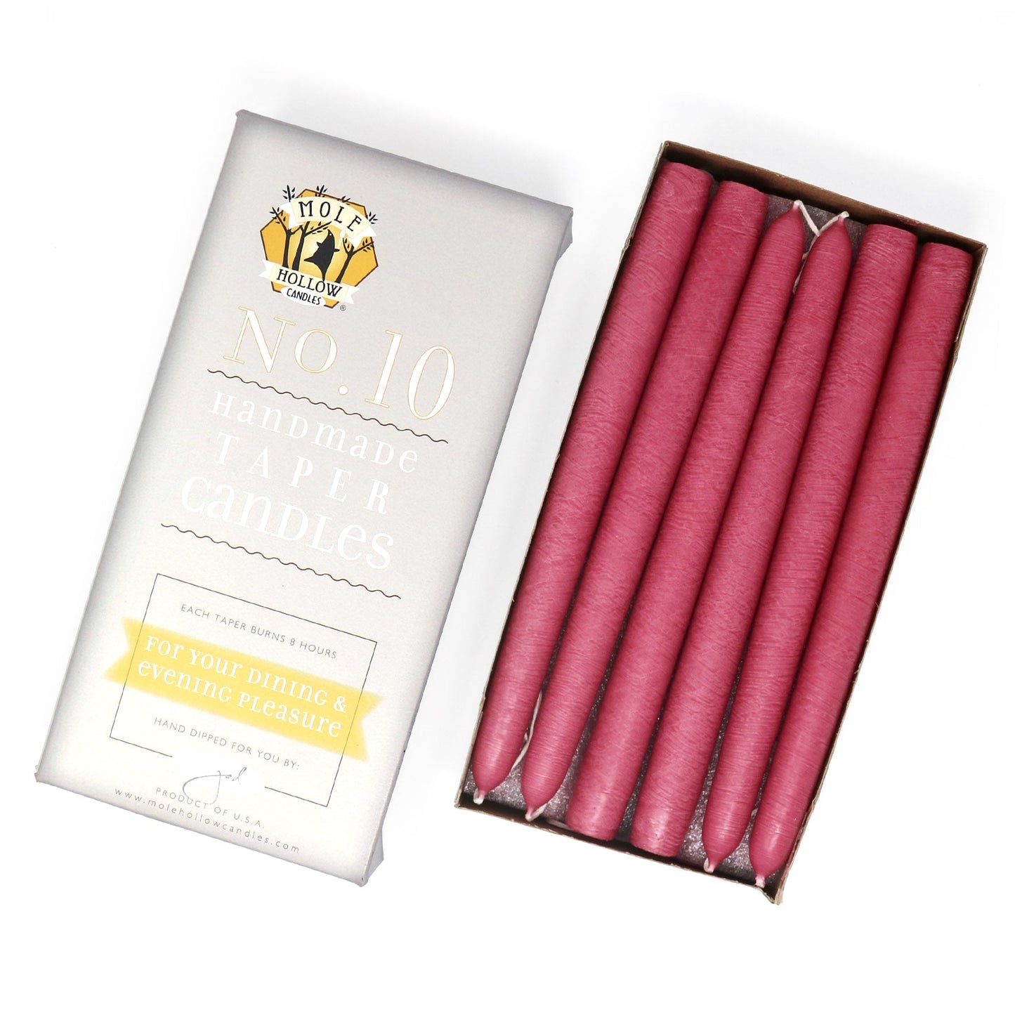 Mole Hollow Candles, 10" Unscented Taper Candle, Set of 12 - Choose from 40 Colors!