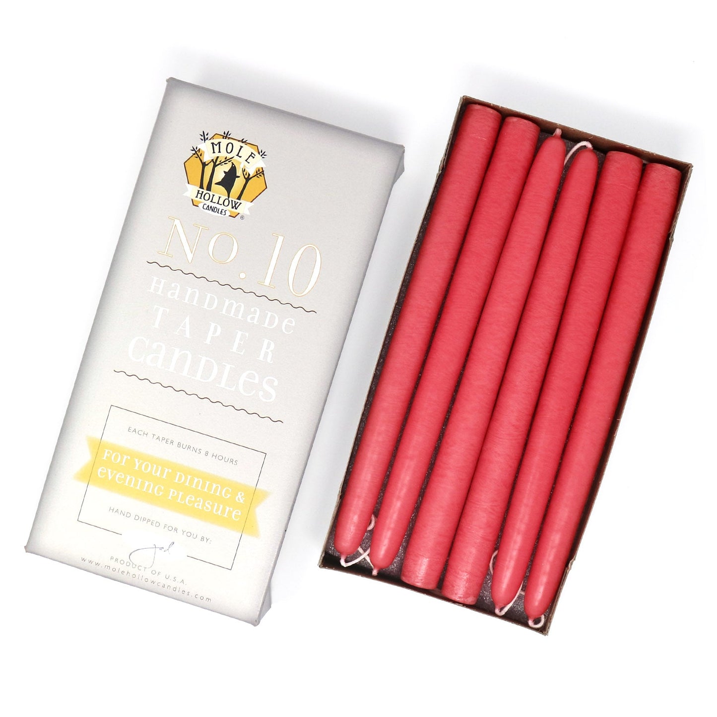 Mole Hollow Candles, 10" Unscented Taper Candle, Set of 12 - Choose from 40 Colors!