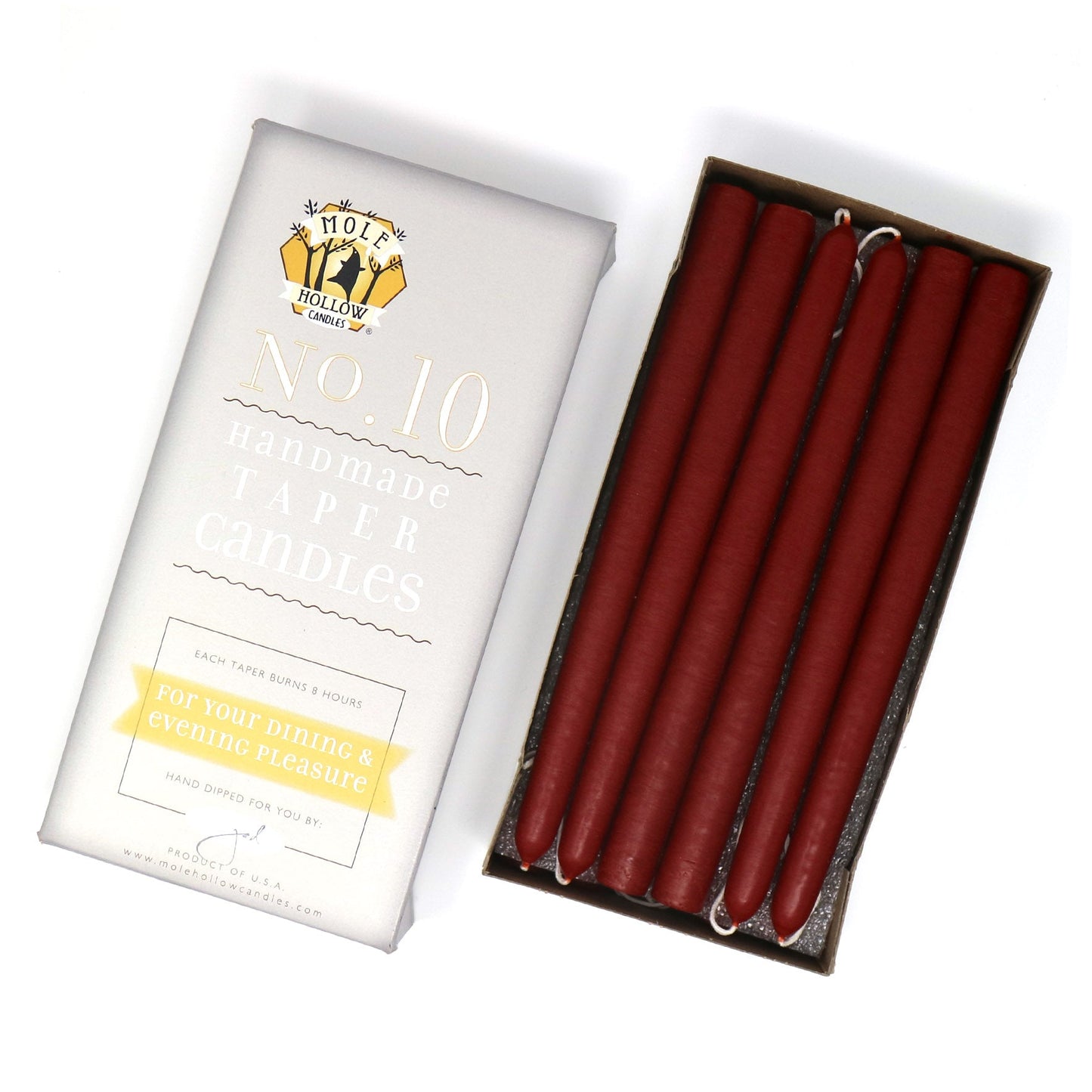 Mole Hollow Candles, 10" Unscented Taper Candle, Set of 12 - Choose from 40 Colors!
