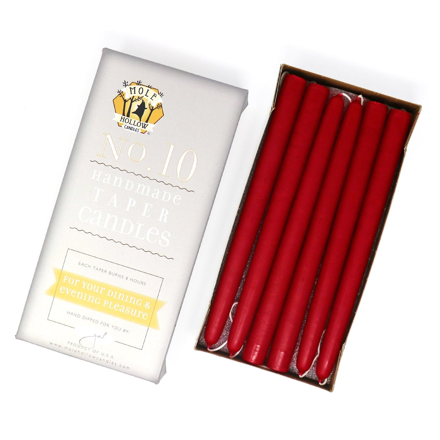 Mole Hollow Candles, 10" Unscented Taper Candle, Set of 12 - Choose from 40 Colors!