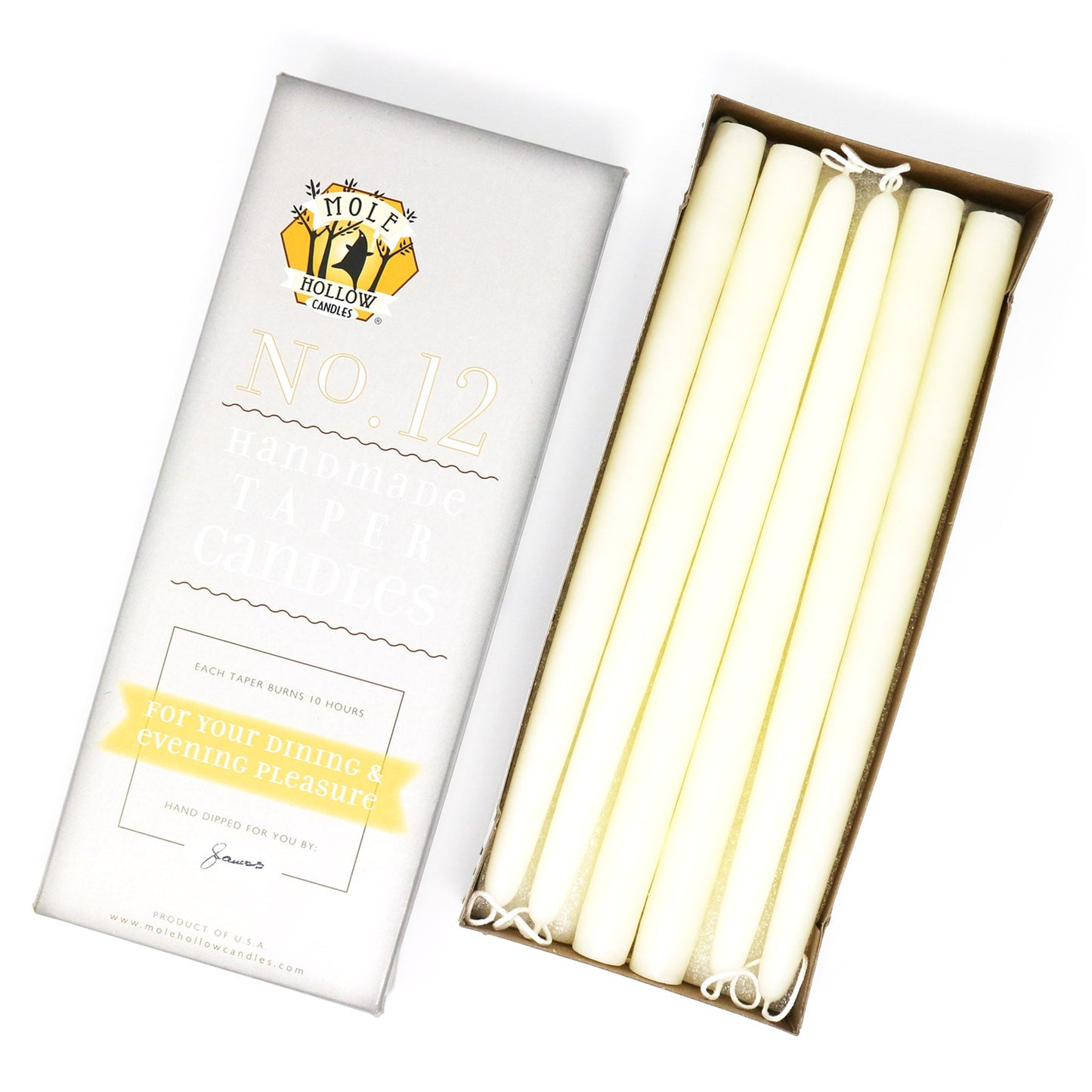 Mole Hollow Candles, Beeswax Taper Candles, Set of 12
