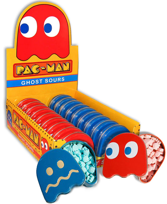 Pac-Man Ghost Sours Candy, Red Tin with Cherry Flavored Candy and Blue Tin with Blueberry Flavored Candy - 18 Count Display Box