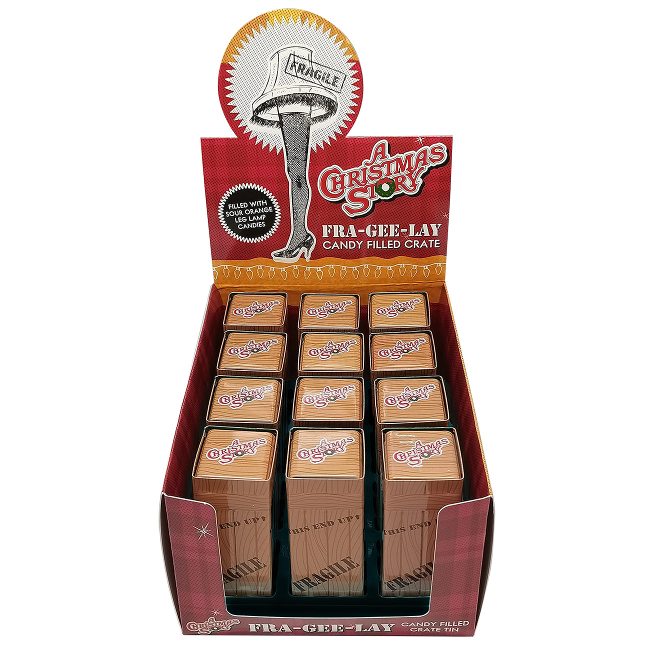 A Christmas Story FRA-GEE-LAY Wood Crate, Collectible Slider Tin Shaped filled with Leg Lamp Shaped Candies, 1.5 Ounce Tin - 12 Count Display Box