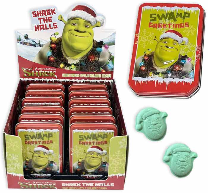 Shrek the Halls Sour Green Apple Candy, 1 Ounce Tin - 12 Count Display Box