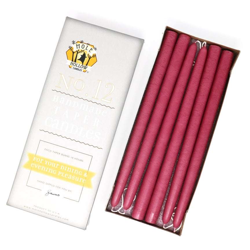 Mole Hollow Candles, 12" Unscented Taper Candle, Set of 12 - Choose from 39 Colors!