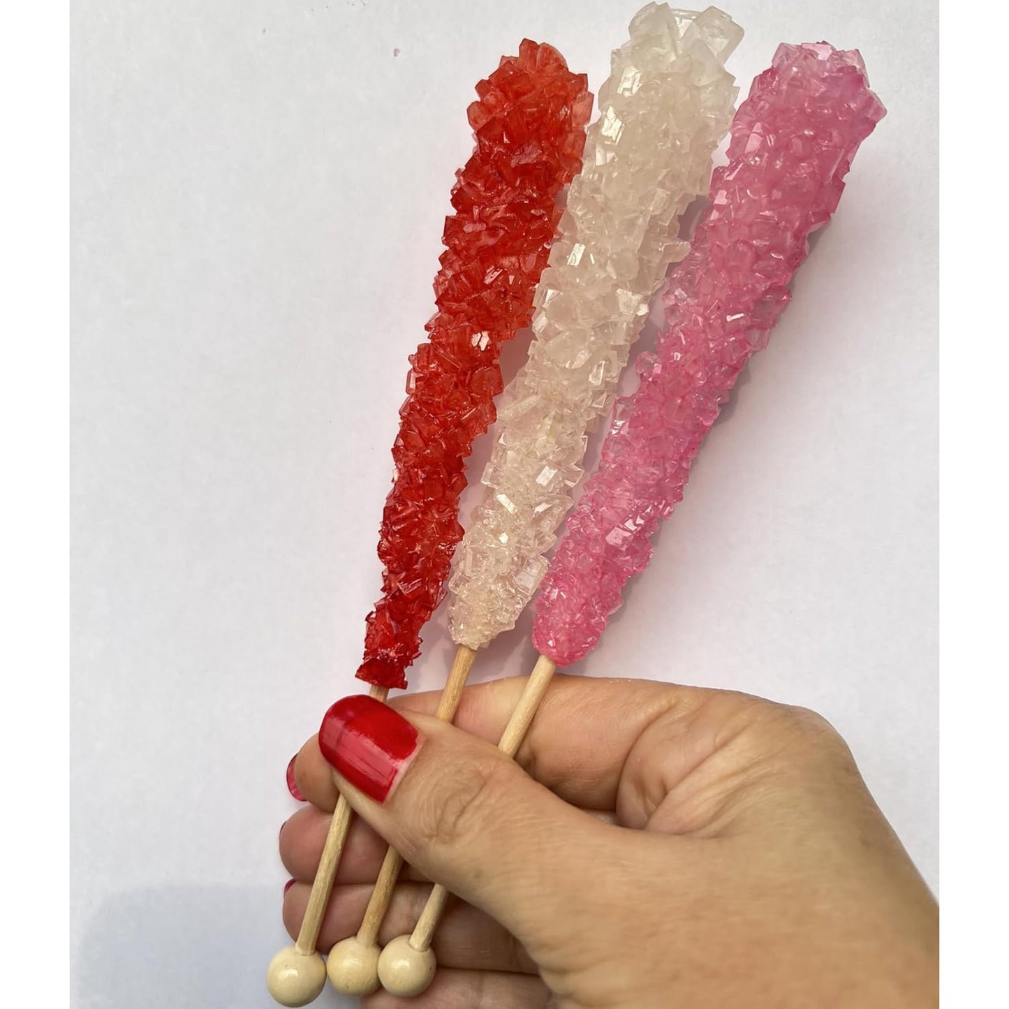 Valentine Assortment Rock Crystal Candy Stick, Clear, Pink, Red Individually Wrapped Middle Size Stick - 24 Count Display Box