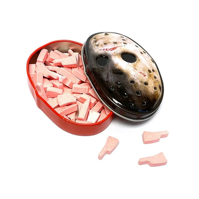 Halloween Friday The 13th Jason Mask Candy Tin, Sour Cherry Candy Cleavers - 12 Count Display Box