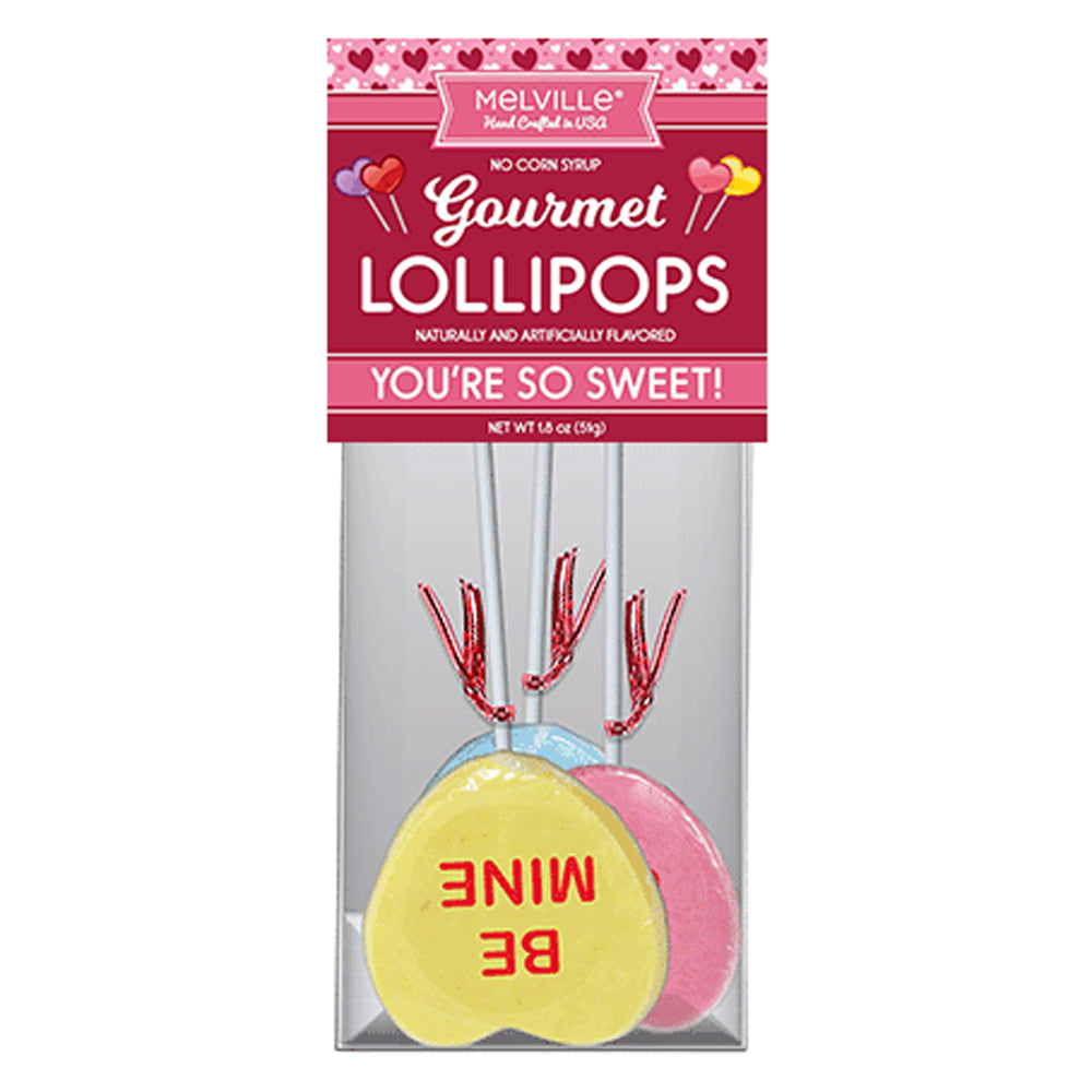 Melville Candy Valentine Hard Candy Lollipops, 3 Count Gusset Bag