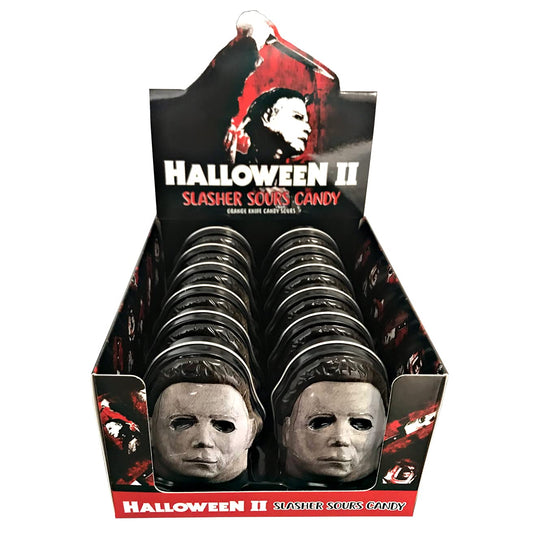 Halloween II Mask tin, Slashers Sours Orange Candy - 12 Count Display Box