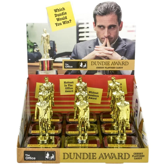 The Office Dundie Award Candy Sours, Dundie Award Statue Tin, Office Logo Shaped Cherry Sours, 0.8 Ounce Tin