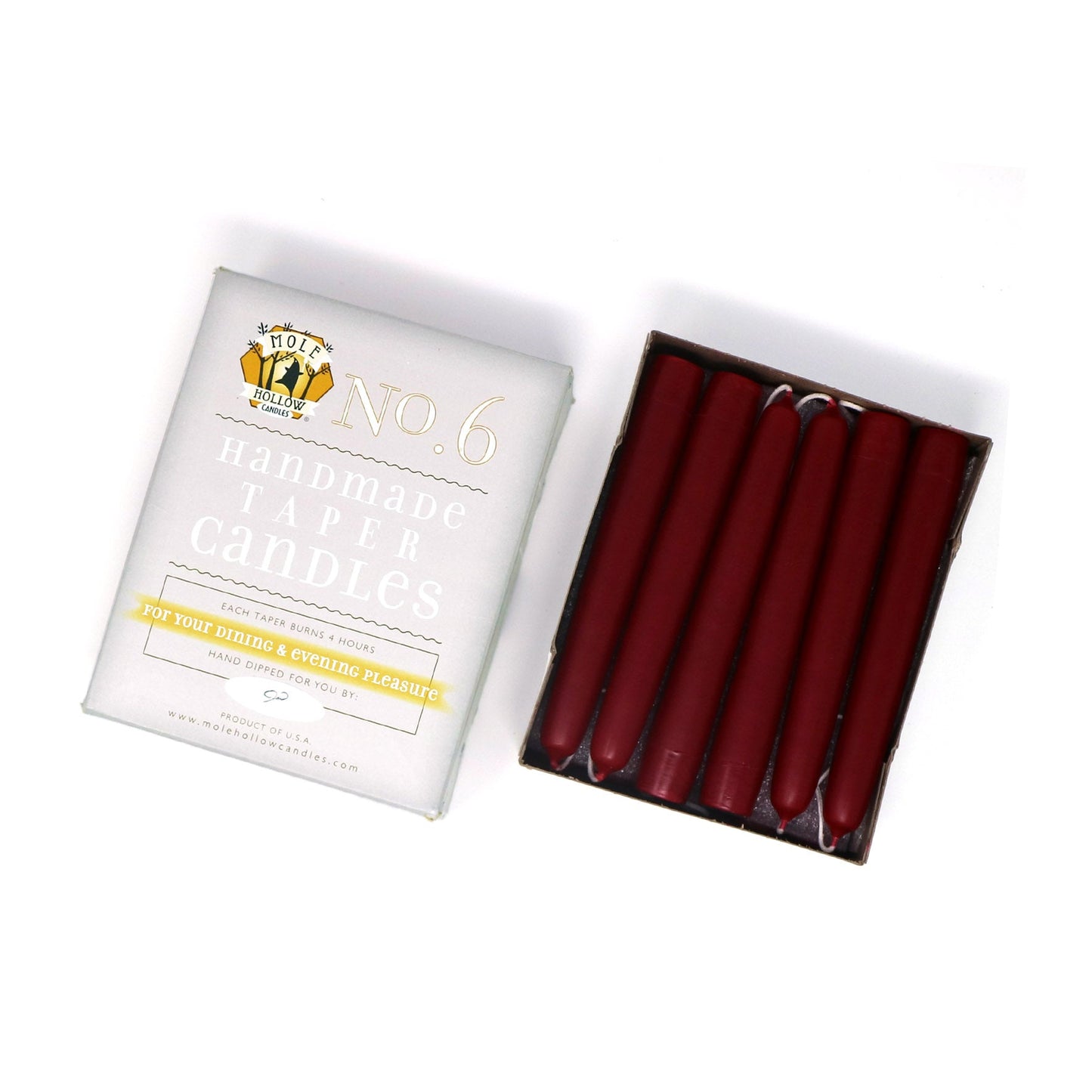 Mole Hollow Candles, 6" Unscented Taper Candle, Set of 12 - Choose from 39 Colors!