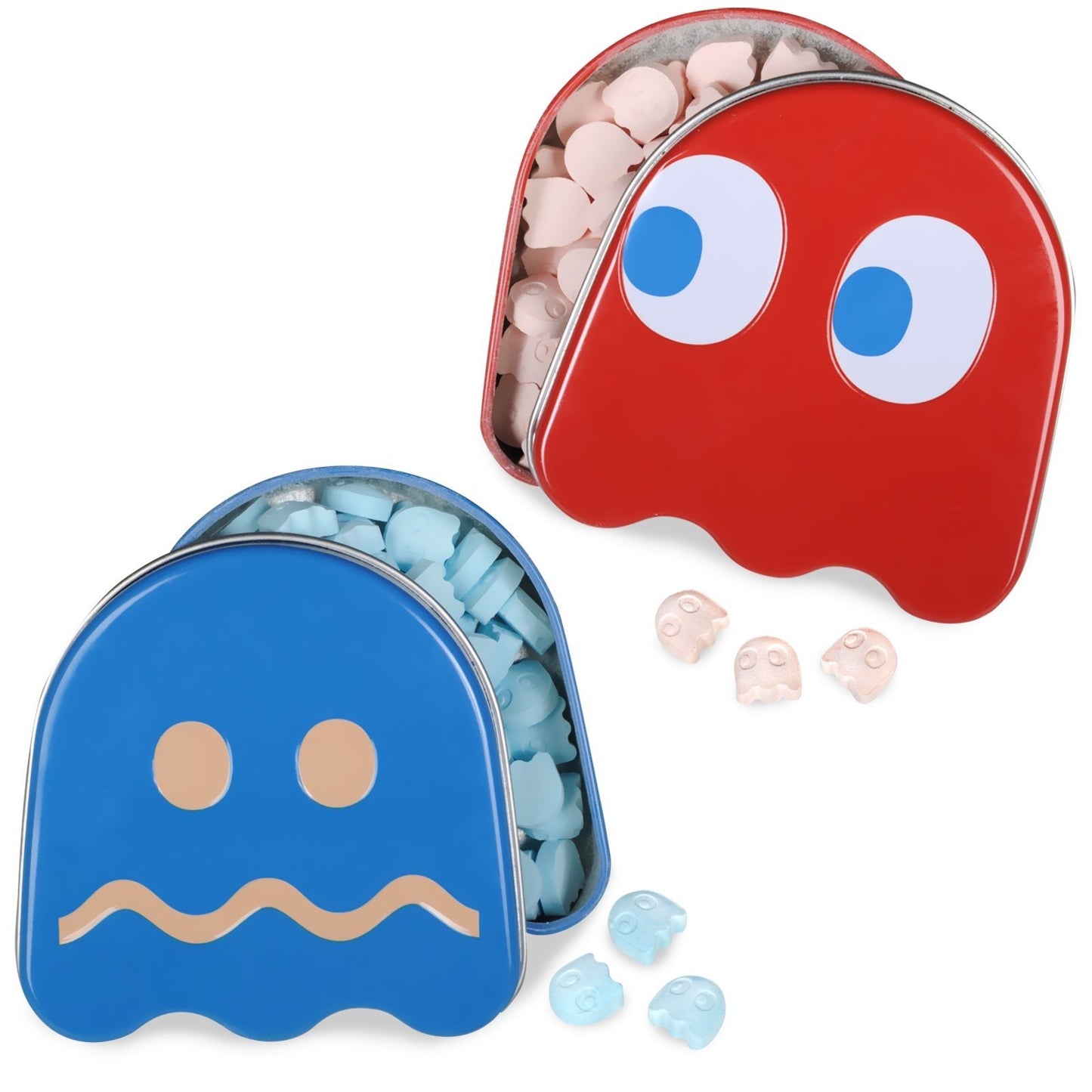 Pac-Man Ghost Sours Candy, Red Tin with Cherry Flavored Candy and Blue Tin with Blueberry Flavored Candy - 18 Count Display Box