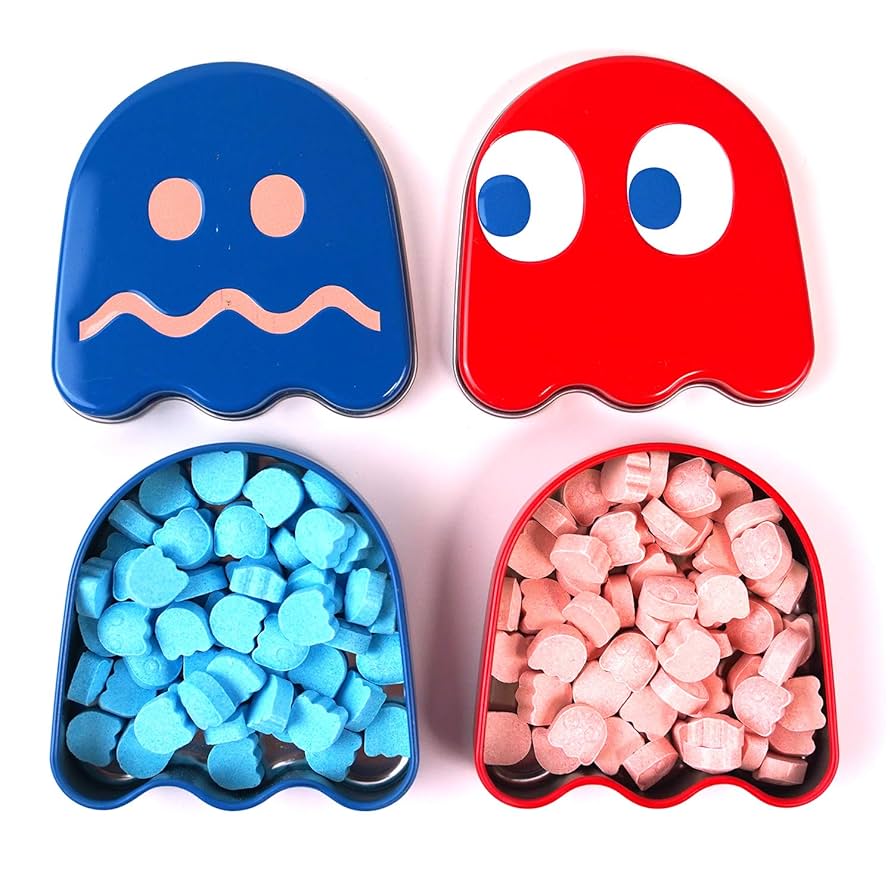 Pac-Man Ghost Sours Candy, Red Tin with Cherry Flavored Candy and Blue Tin with Blueberry Flavored Candy - 18 Count Display Box