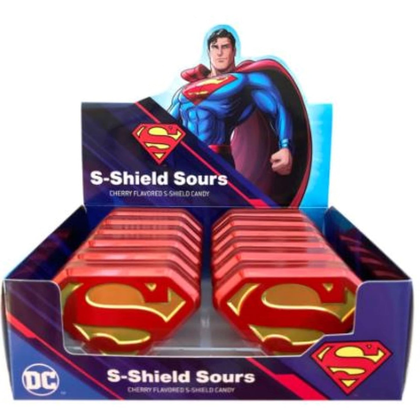 DC Comics Superman S-Shield Tin, 0.6 Ounce of Sour Cherry Flavored Red and Yellow S-shield Candy - 12 Count Display Box