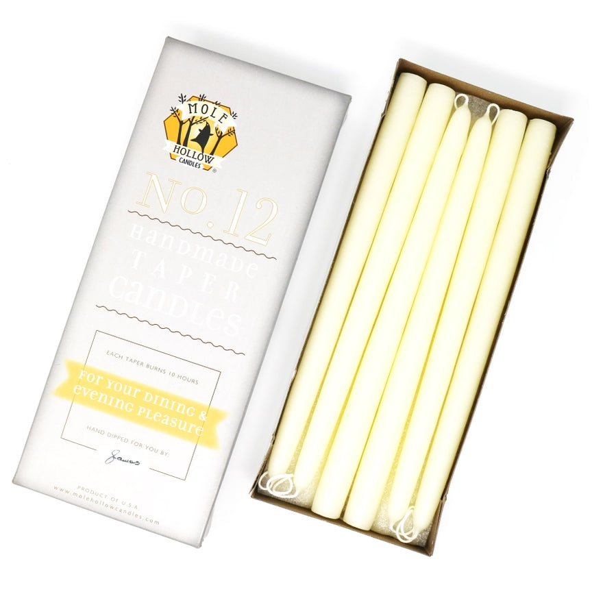 Mole Hollow Candles, 12" Unscented Taper Candle, Set of 12 - Choose from 39 Colors!