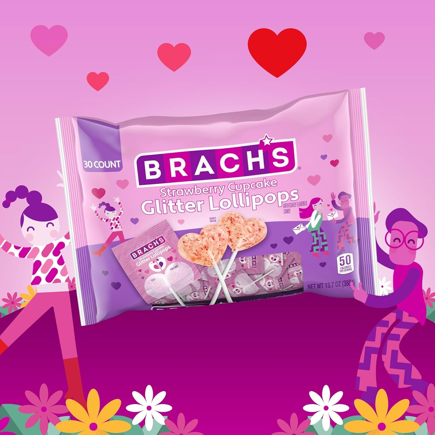 Brach’s Strawberry Cupcake Glitter Lollipops, Valentine's Day Candy, Individually Wrapped, 30 Count Bag
