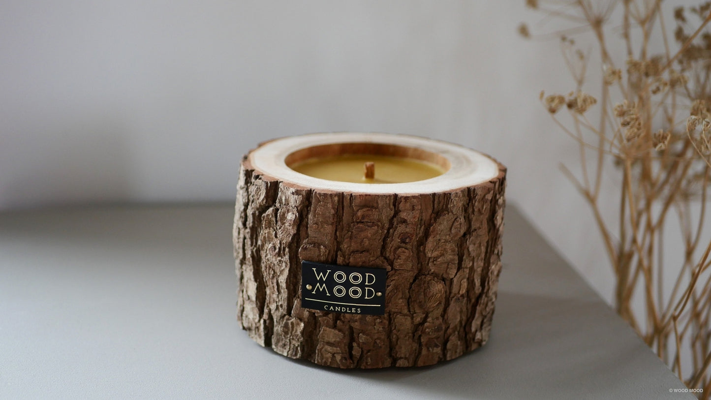 Rocky Coniferous, Patio Size – wide beeswax candle in wood