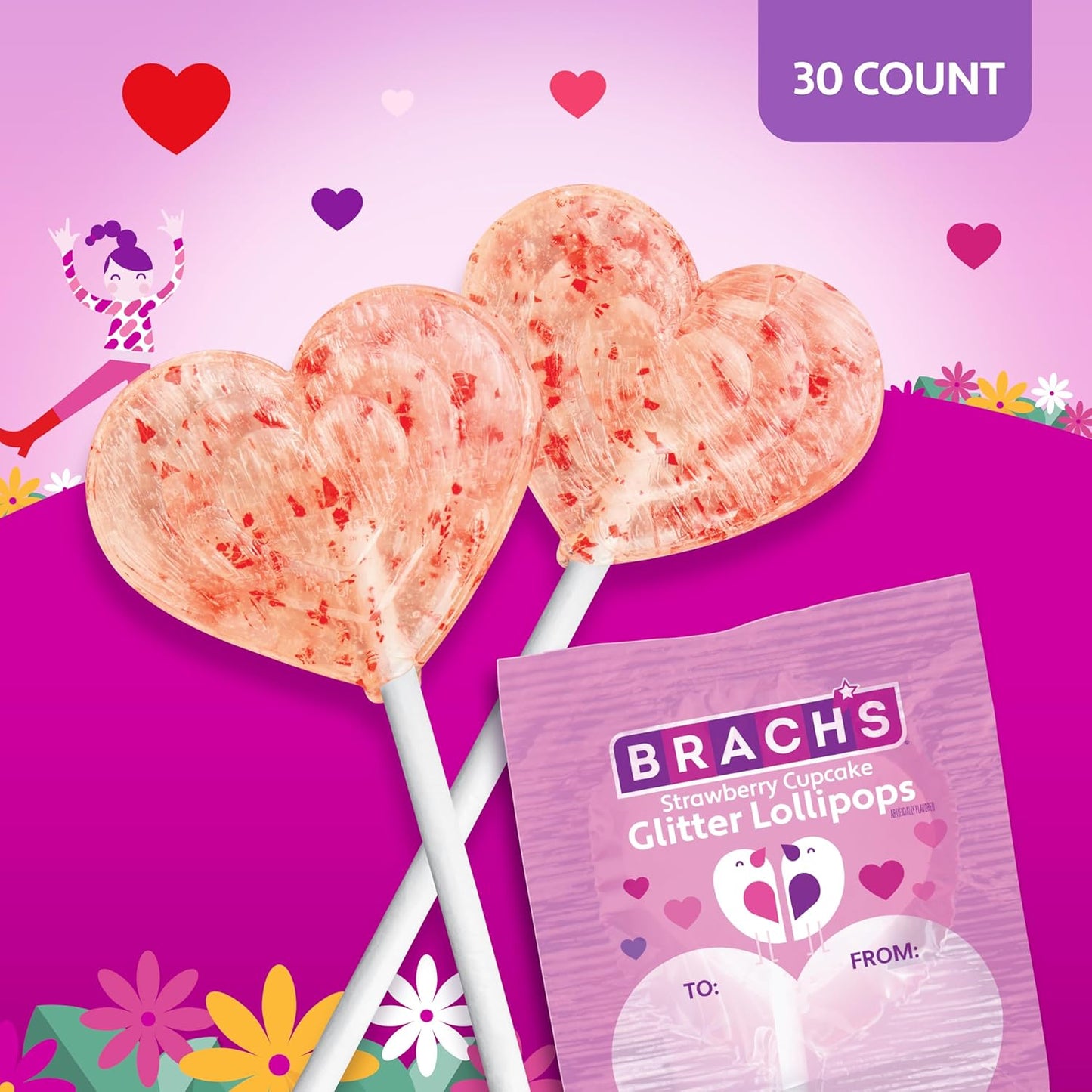 Brach’s Strawberry Cupcake Glitter Lollipops, Valentine's Day Candy, Individually Wrapped, 30 Count Bag