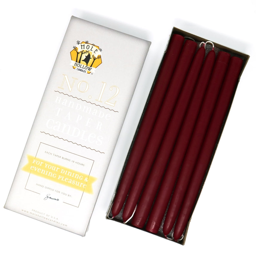 Mole Hollow Candles, 12" Unscented Taper Candle, Set of 12 - Choose from 39 Colors!