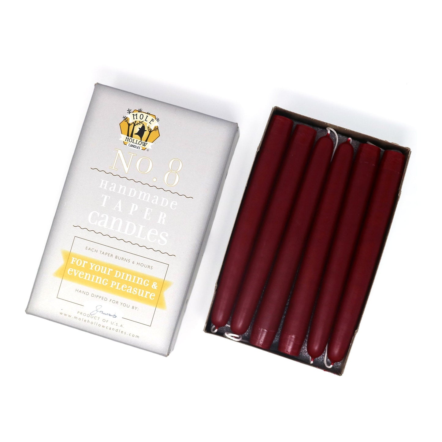 Mole Hollow Candles, 8" Unscented Taper Candle, Set of 12 - Choose from 40 Colors!