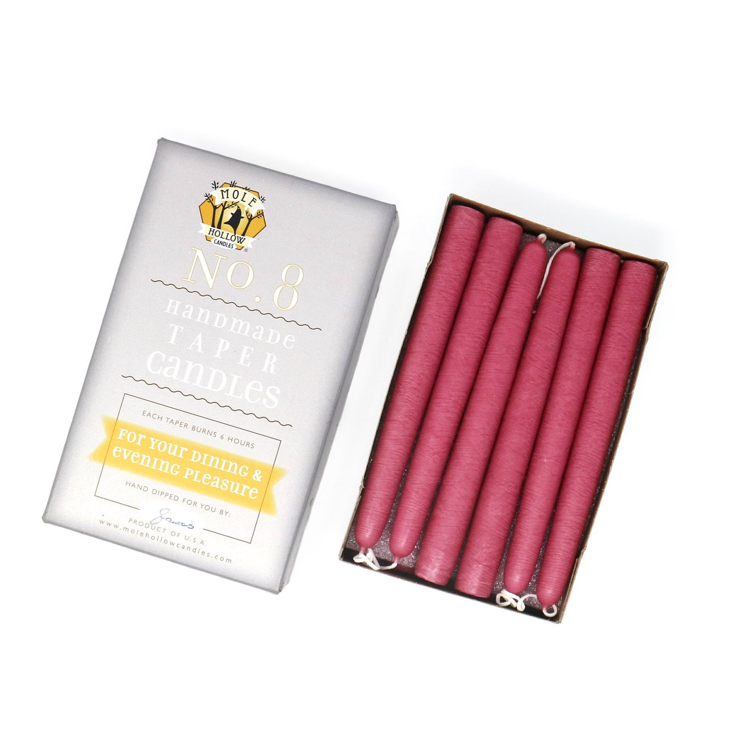 Mole Hollow Candles, 8" Unscented Taper Candle, Set of 12 - Choose from 40 Colors!