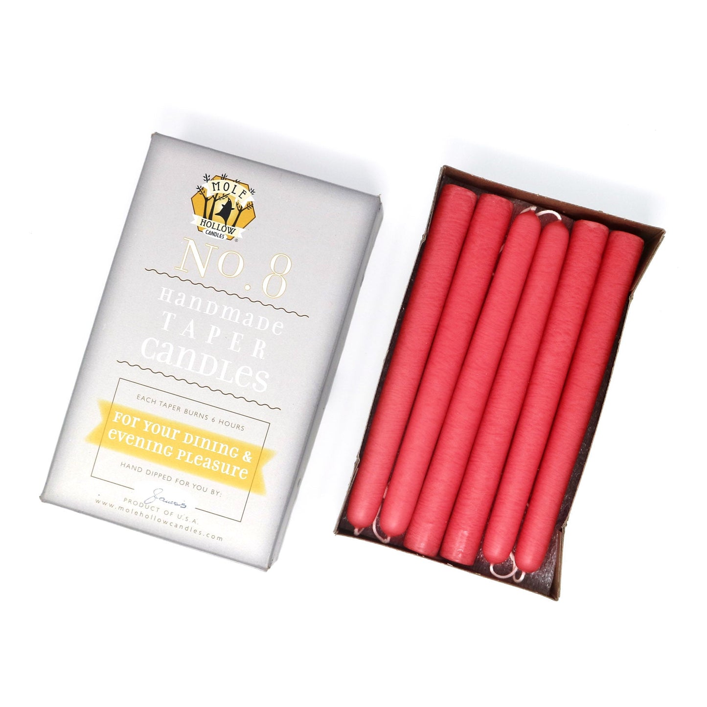 Mole Hollow Candles, 8" Unscented Taper Candle, Set of 12 - Choose from 40 Colors!