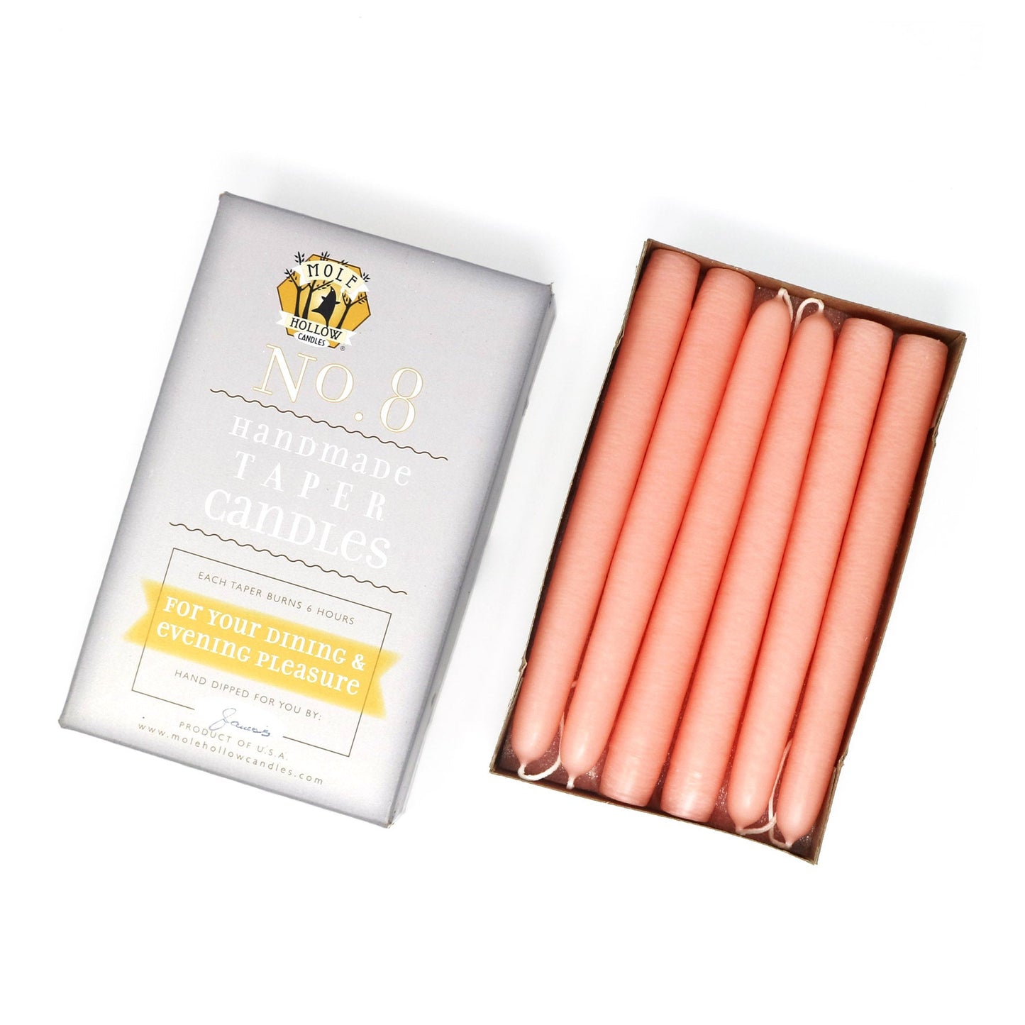 Mole Hollow Candles, 8" Unscented Taper Candle, Set of 12 - Choose from 40 Colors!