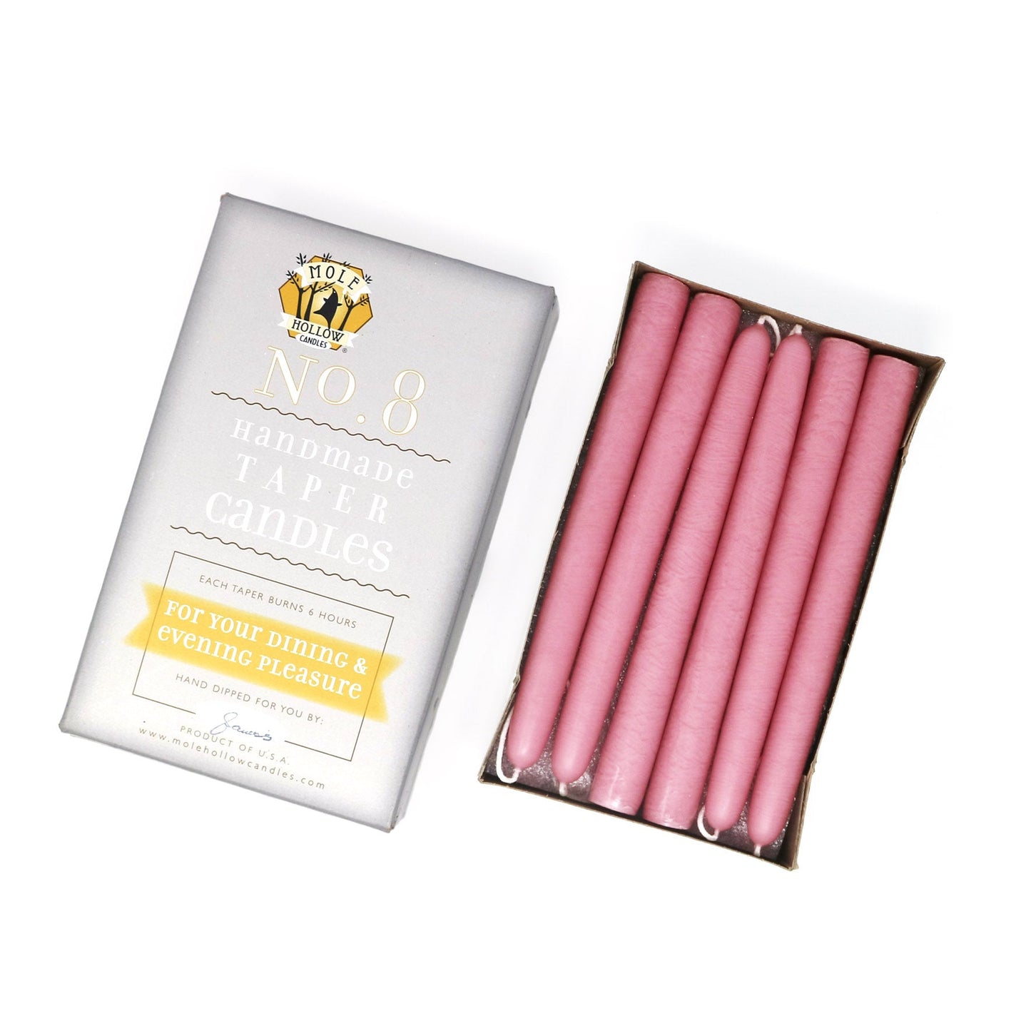 Mole Hollow Candles, 8" Unscented Taper Candle, Set of 12 - Choose from 40 Colors!
