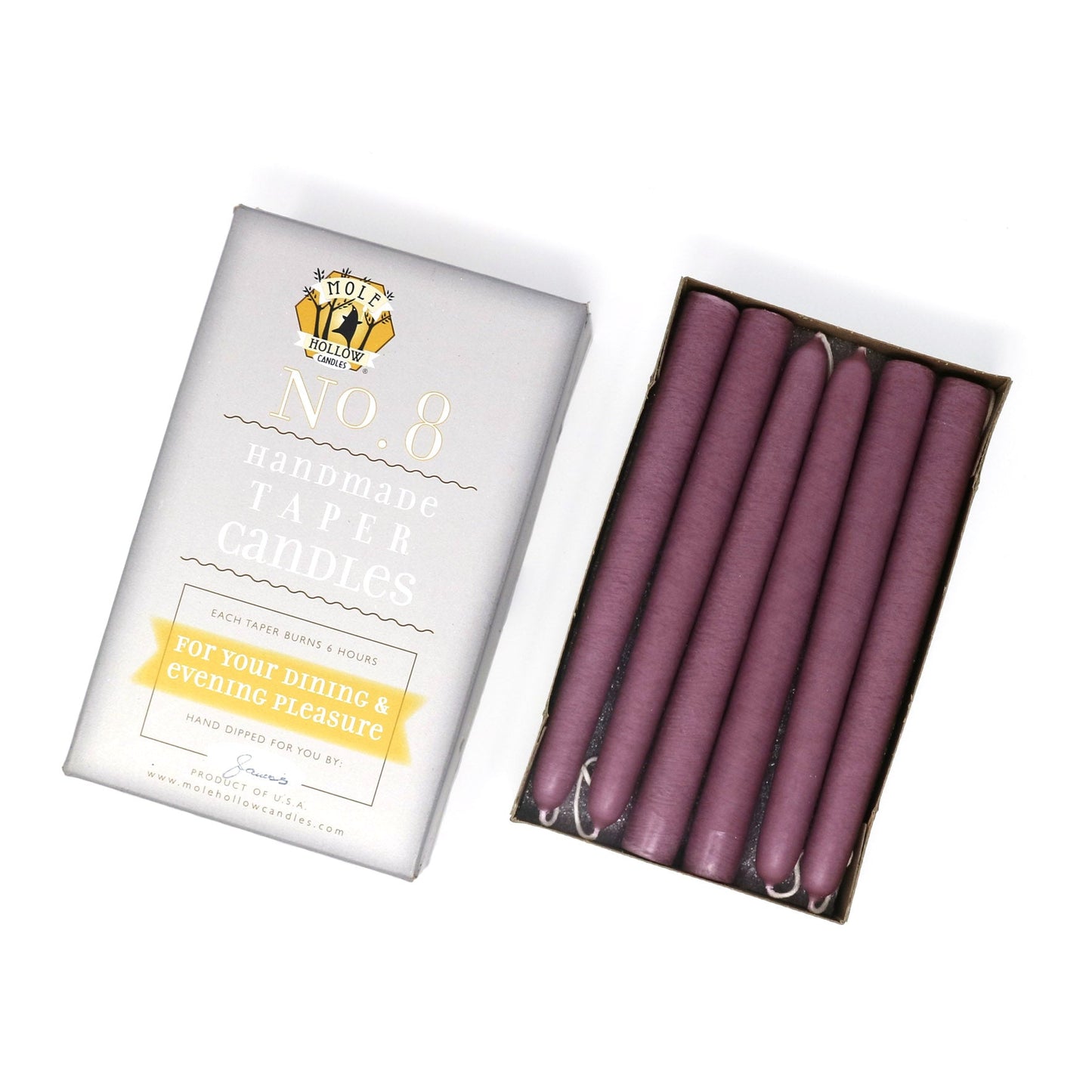 Mole Hollow Candles, 8" Unscented Taper Candle, Set of 12 - Choose from 40 Colors!