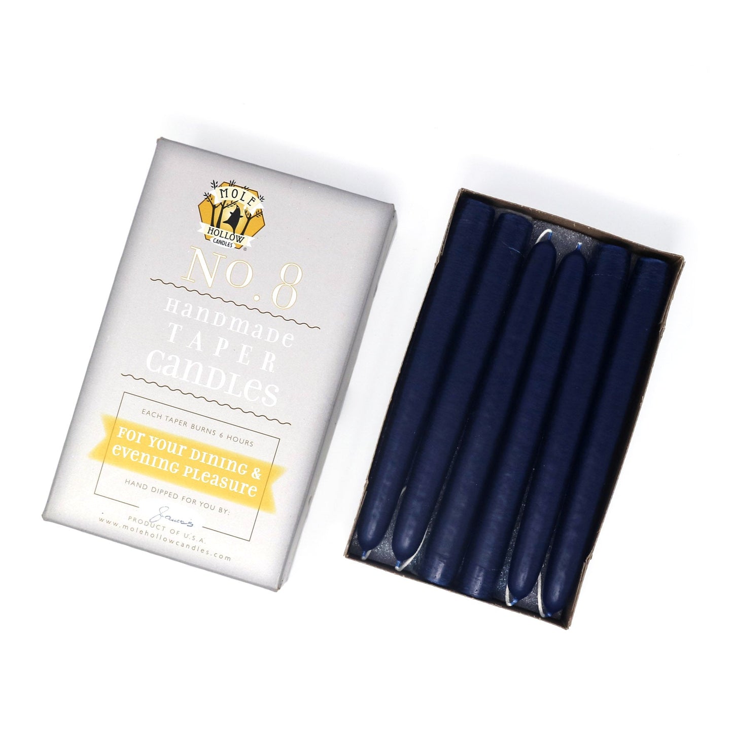 Mole Hollow Candles, 8" Unscented Taper Candle, Set of 12 - Choose from 40 Colors!