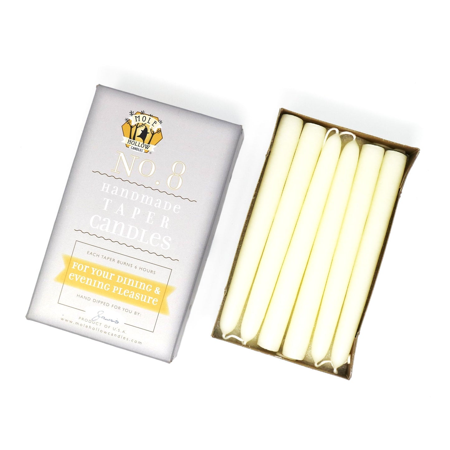 Mole Hollow Candles, 8" Unscented Taper Candle, Set of 12 - Choose from 40 Colors!