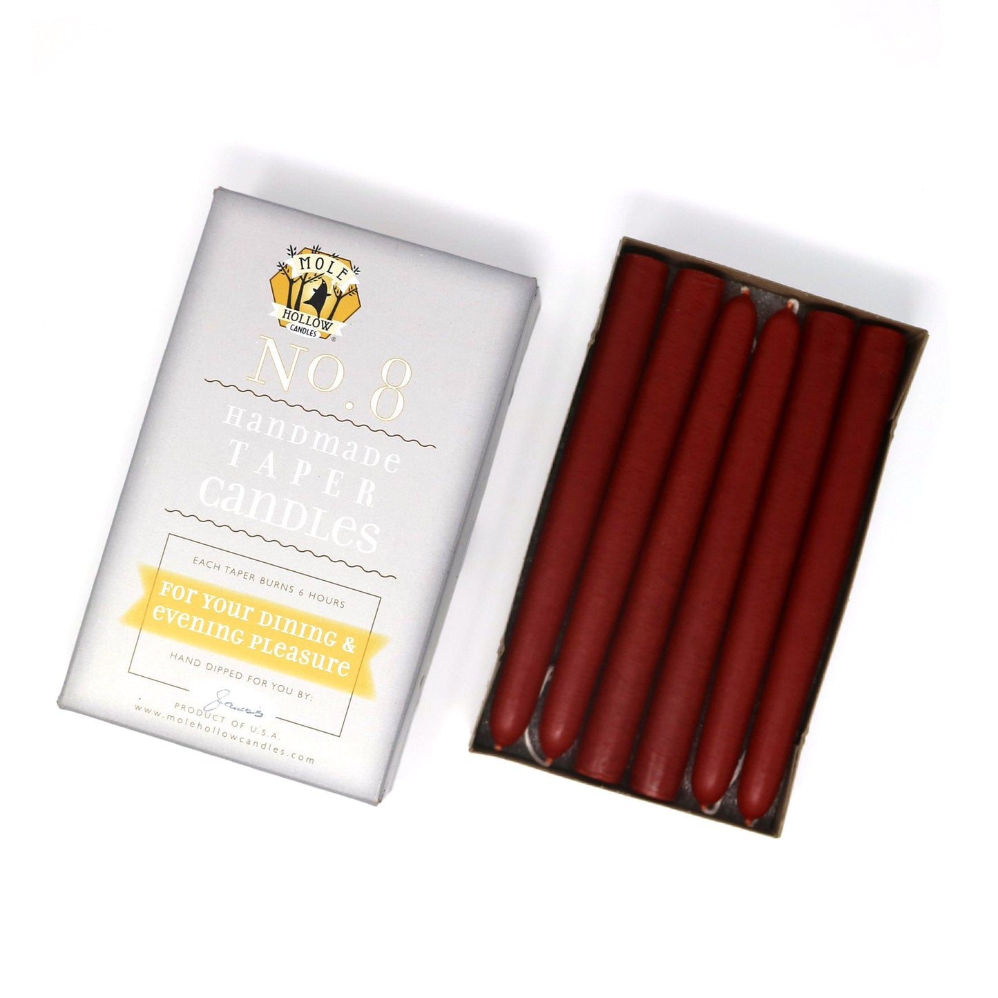Mole Hollow Candles, 8" Unscented Taper Candle, Set of 12 - Choose from 40 Colors!