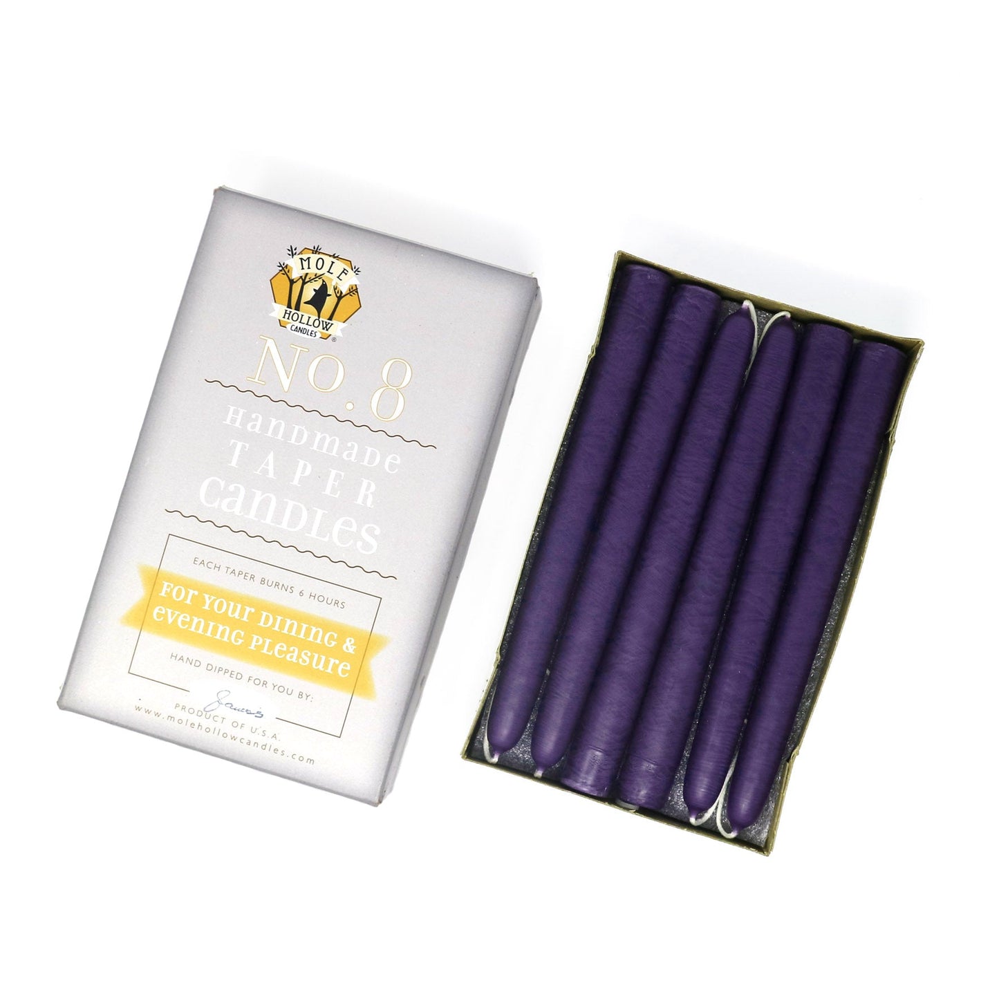 Mole Hollow Candles, 8" Unscented Taper Candle, Set of 12 - Choose from 40 Colors!