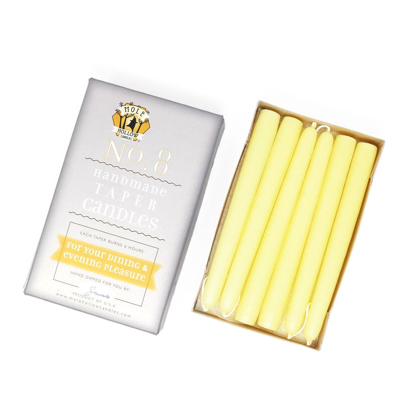 Mole Hollow Candles, 8" Unscented Taper Candle, Set of 12 - Choose from 40 Colors!
