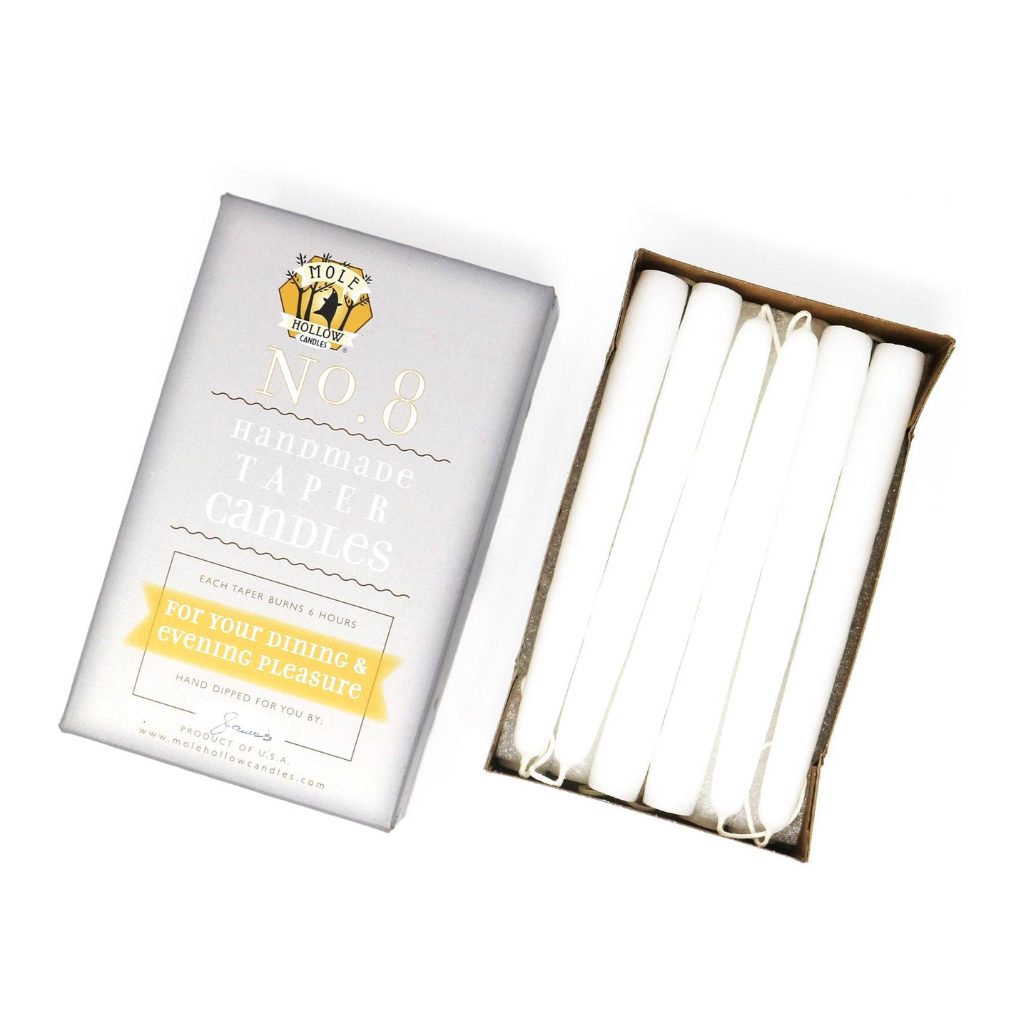 Mole Hollow Candles, 8" Unscented Taper Candle, Set of 12 - Choose from 40 Colors!