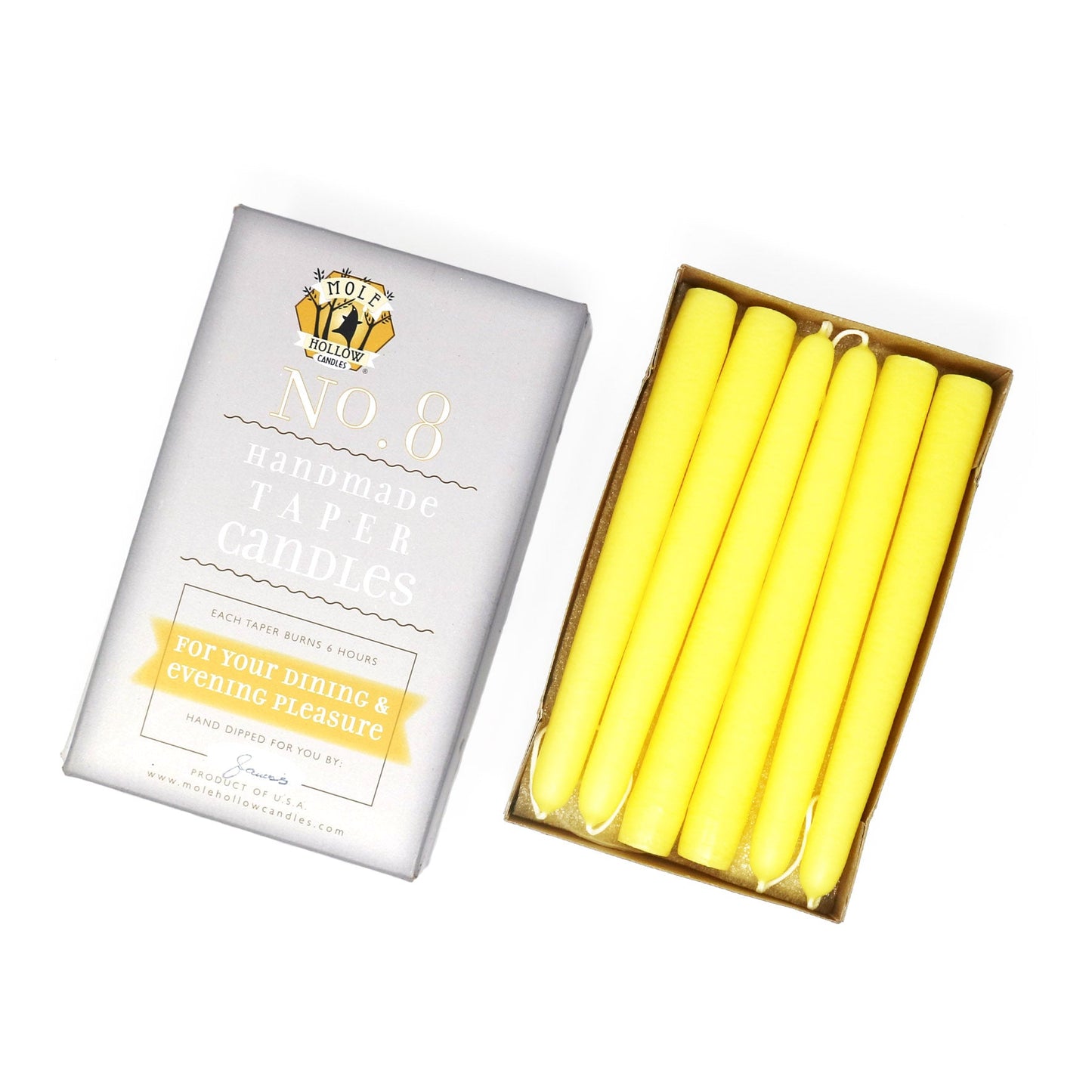 Mole Hollow Candles, 8" Unscented Taper Candle, Set of 12 - Choose from 40 Colors!
