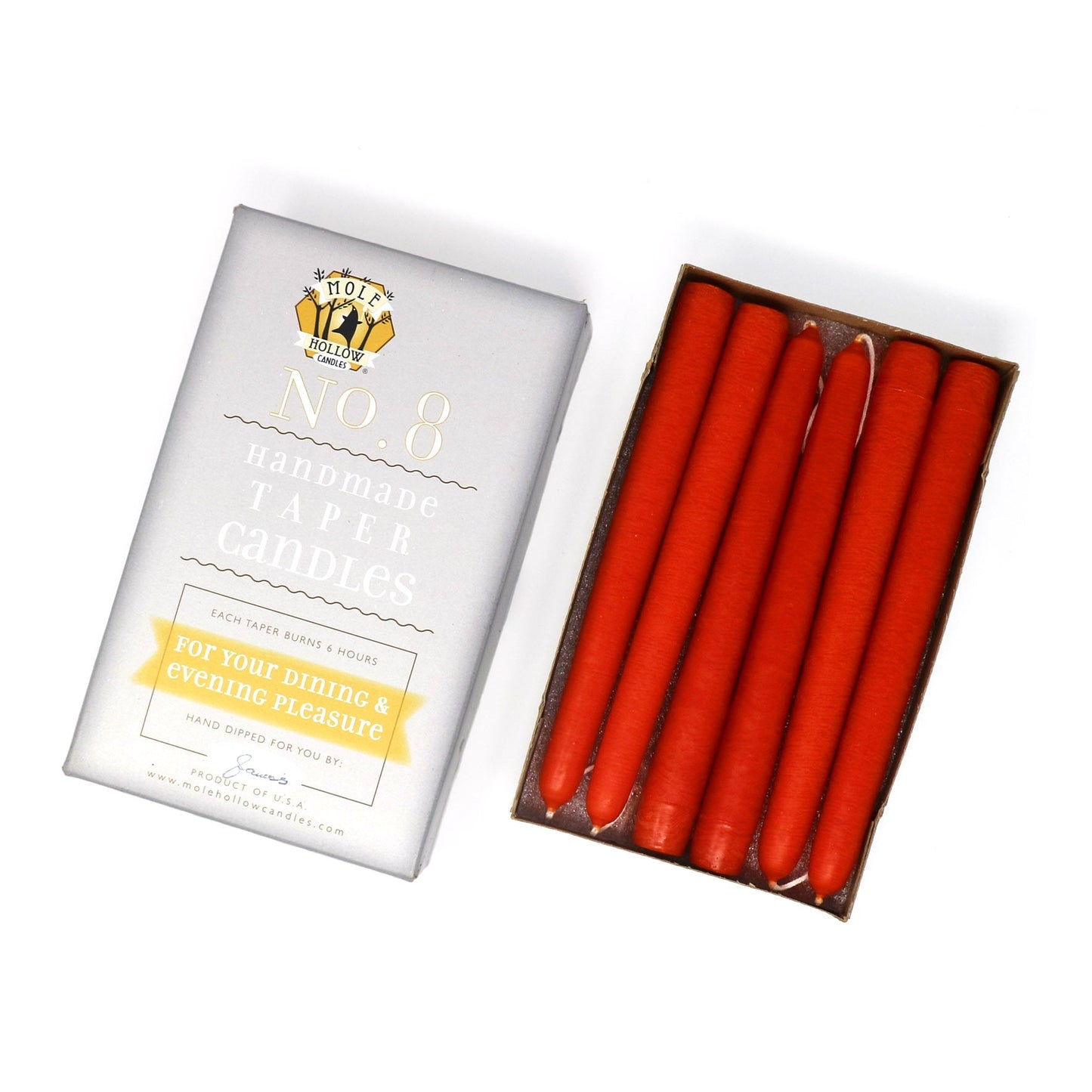 Mole Hollow Candles, 8" Unscented Taper Candle, Set of 12 - Choose from 40 Colors!