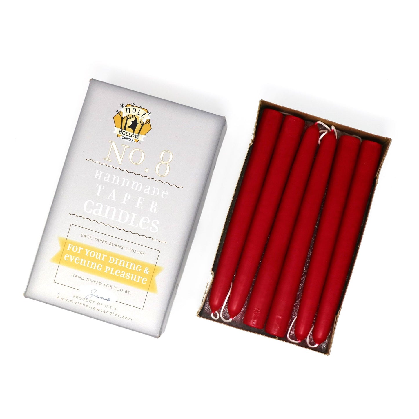 Mole Hollow Candles, 8" Unscented Taper Candle, Set of 12 - Choose from 40 Colors!