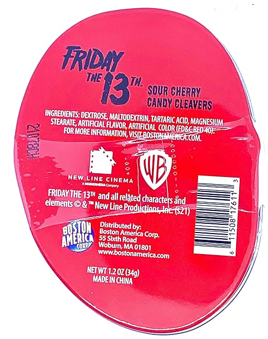 Halloween Friday The 13th Jason Mask Candy Tin, Sour Cherry Candy Cleavers - 12 Count Display Box