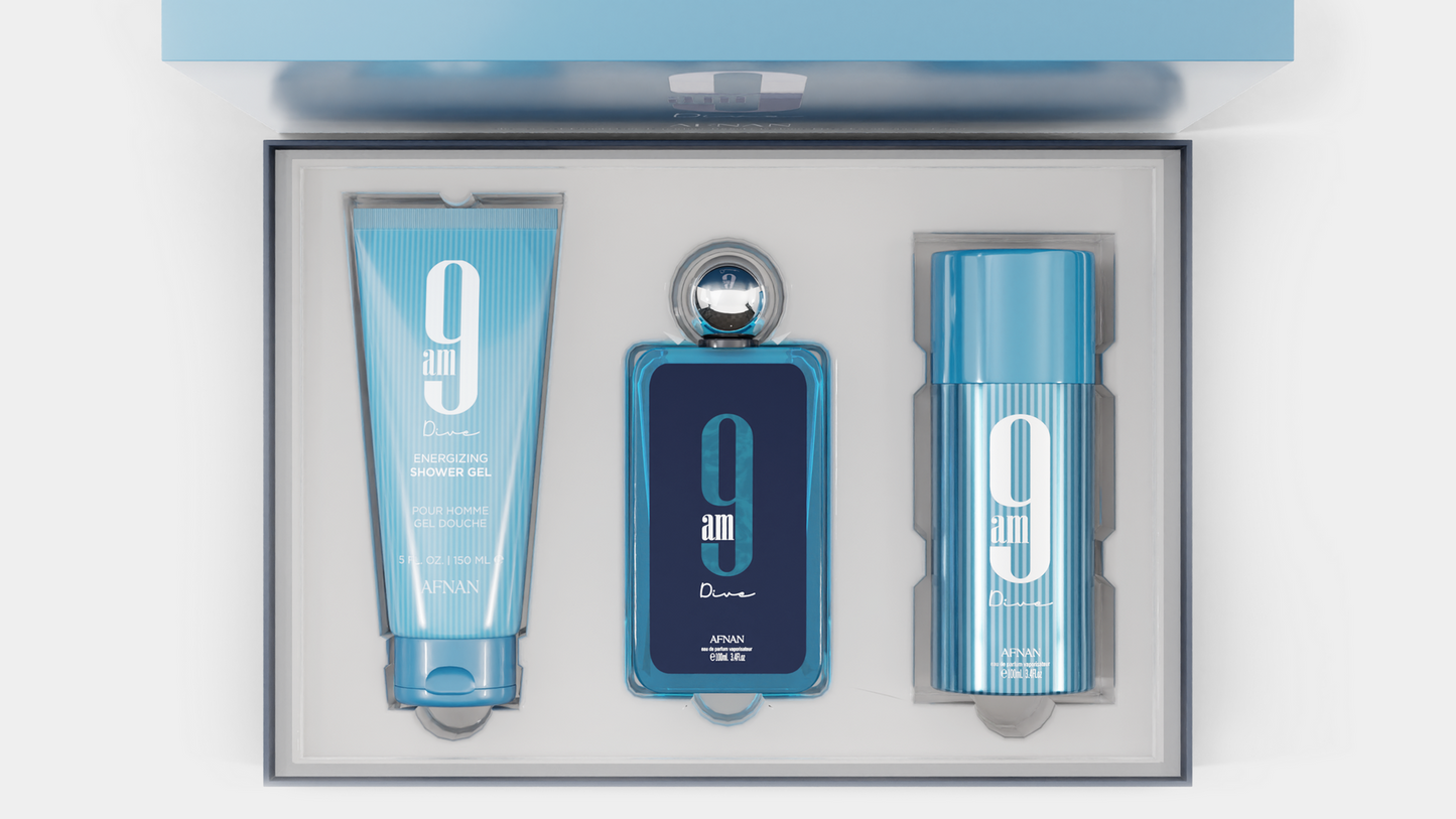Afnan 9AM Dive EDP Spray 100ml & Shower Gel 150ml & Perfumed Body Spray 150ml (3 pcs)