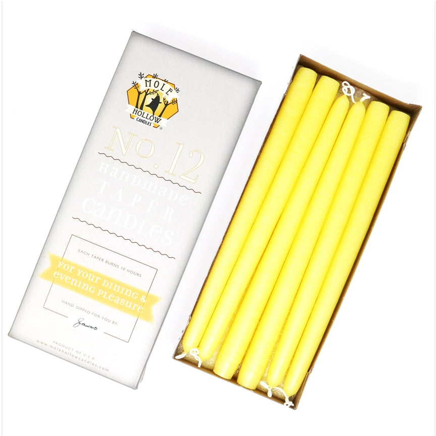 Mole Hollow Candles, 12" Unscented Taper Candle, Set of 12 - Choose from 39 Colors!