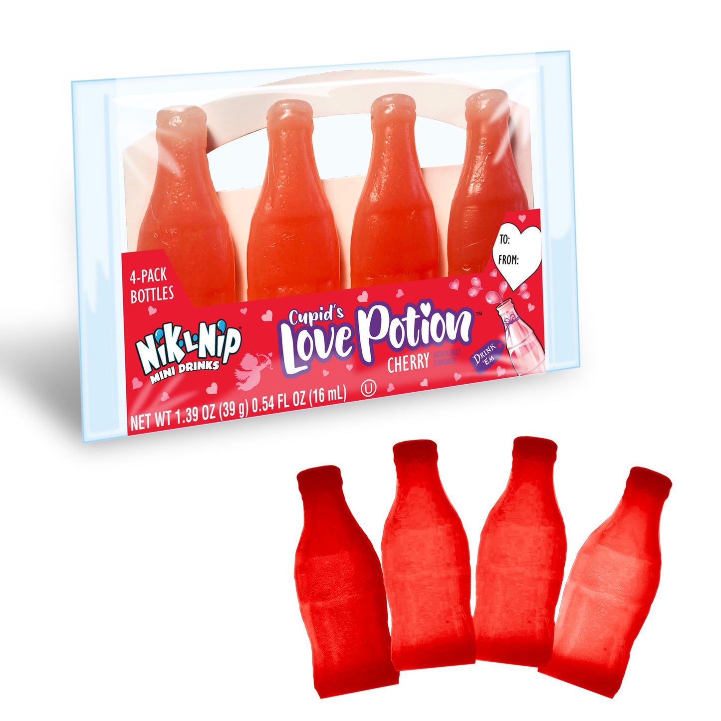 Nik L Nip Cupid's Love Potion Cherry Valentine Candy, 4 bottle 1.39 Ounce Pack - 18 Count Box