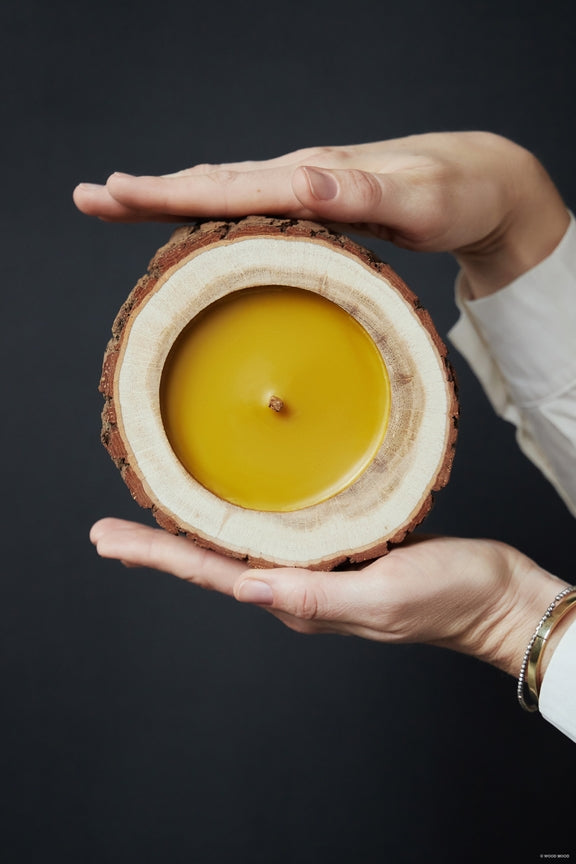 Rocky Coniferous, Patio Size – wide beeswax candle in wood