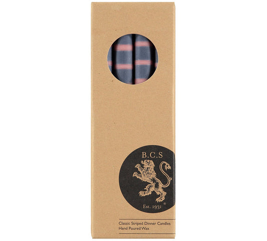 British Colour Standard Striped Old Rose, Indigo and Pompadour Eco Dinner Candles, Gift Box of 4