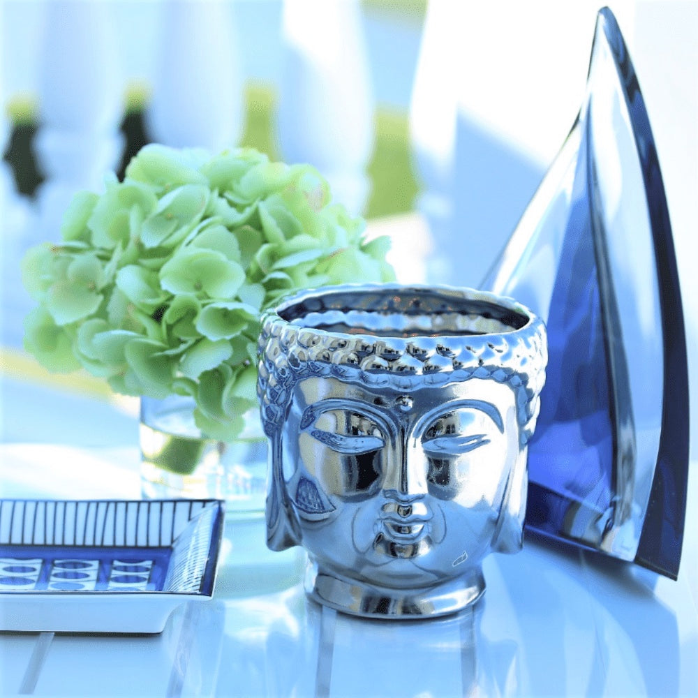 Metallic Silver Buddha Double Wick Candle, Cassis Pomegranate Fragrance, 40 oz