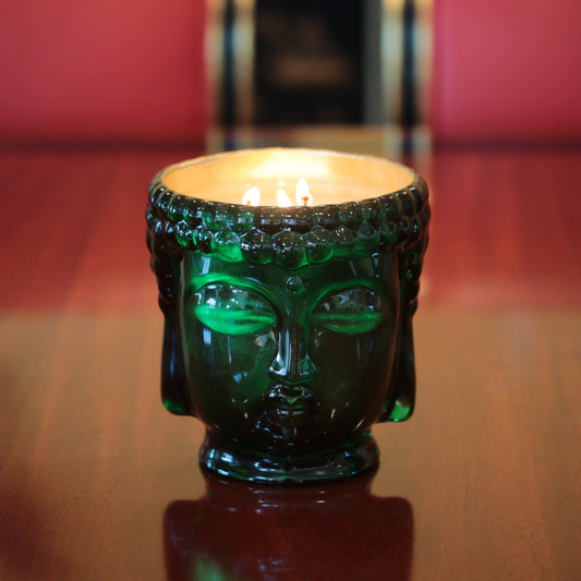Cleopatra Emerald Green Glass Buddha, 24K Gold, 3 Wick Scented Candle, 40 oz