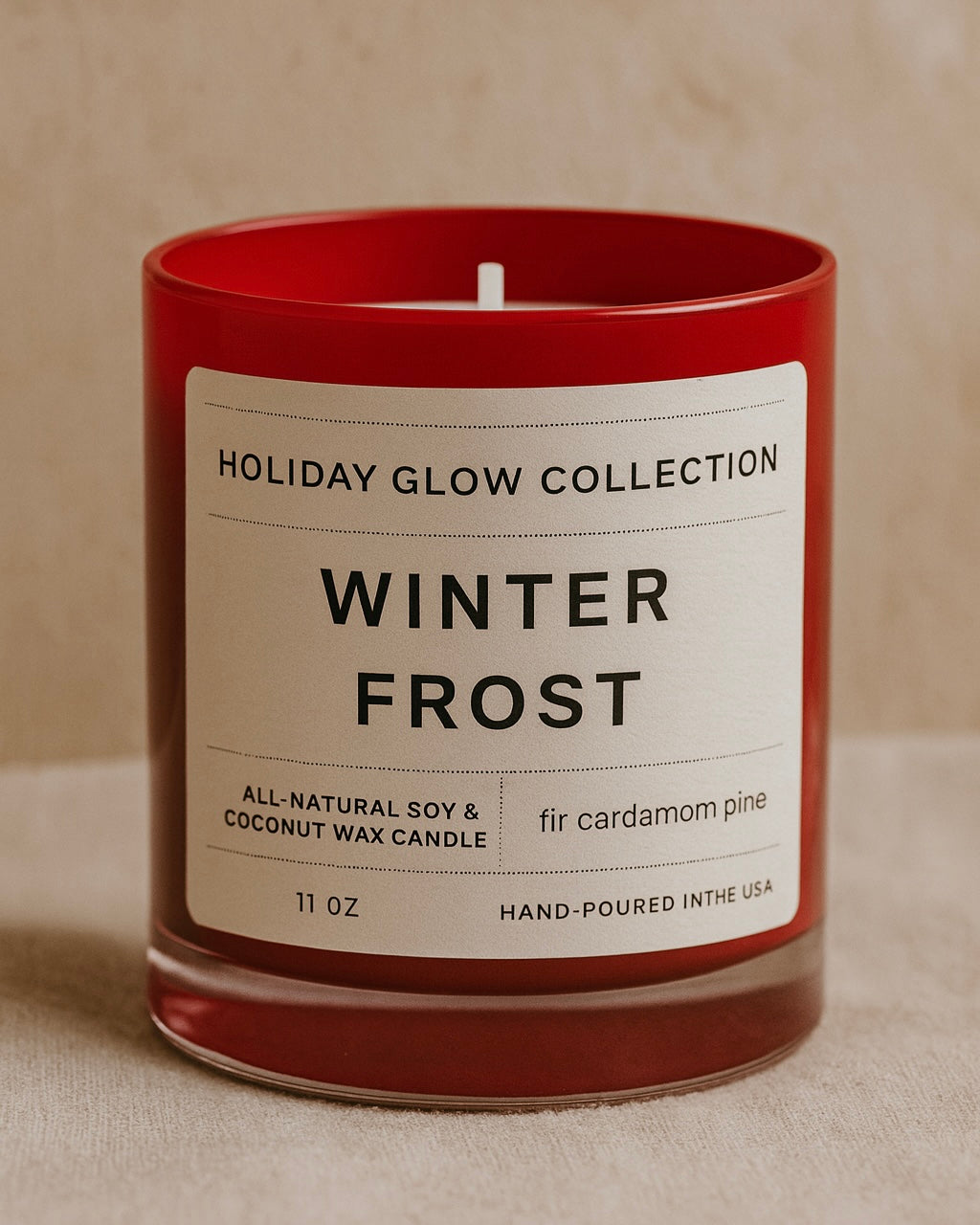 Winter Frost Candle – Fir & Cardamom, Red Jar – Snowy Forest Scent
