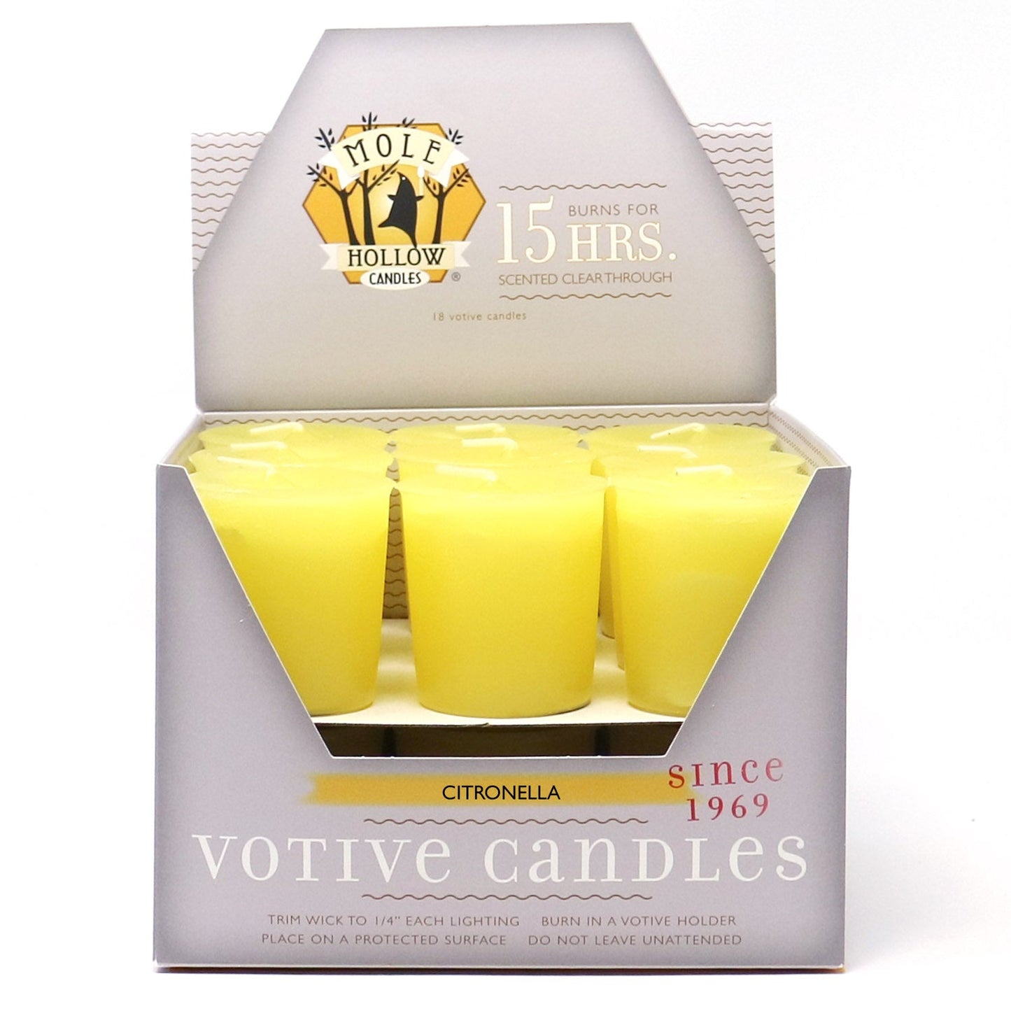 Mole Hollow Candles, Citronella Scented Votive Candles, 18 Votives Box