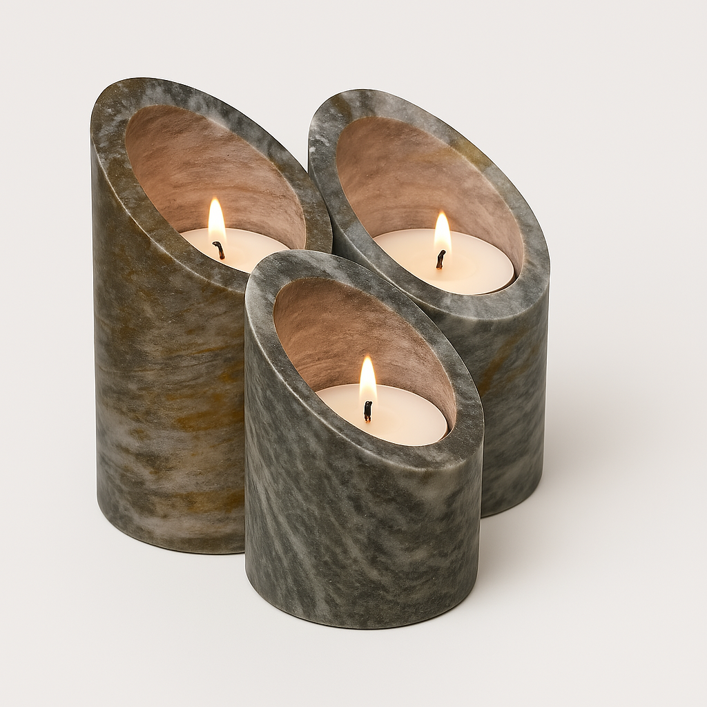 Angled Marble Candle Holder Trio – Sculptural Warmth in Natural Stone